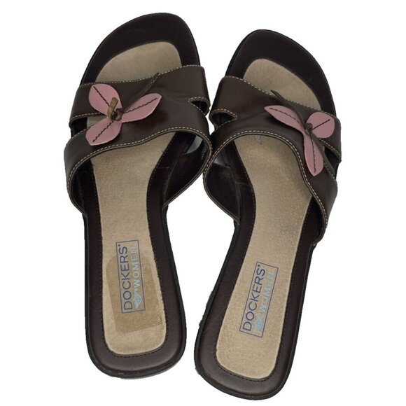 Dockers Sandals W sz 8.5 Brown Slide Pink Flower Detail Leather Shoes - Picture 6 of 11